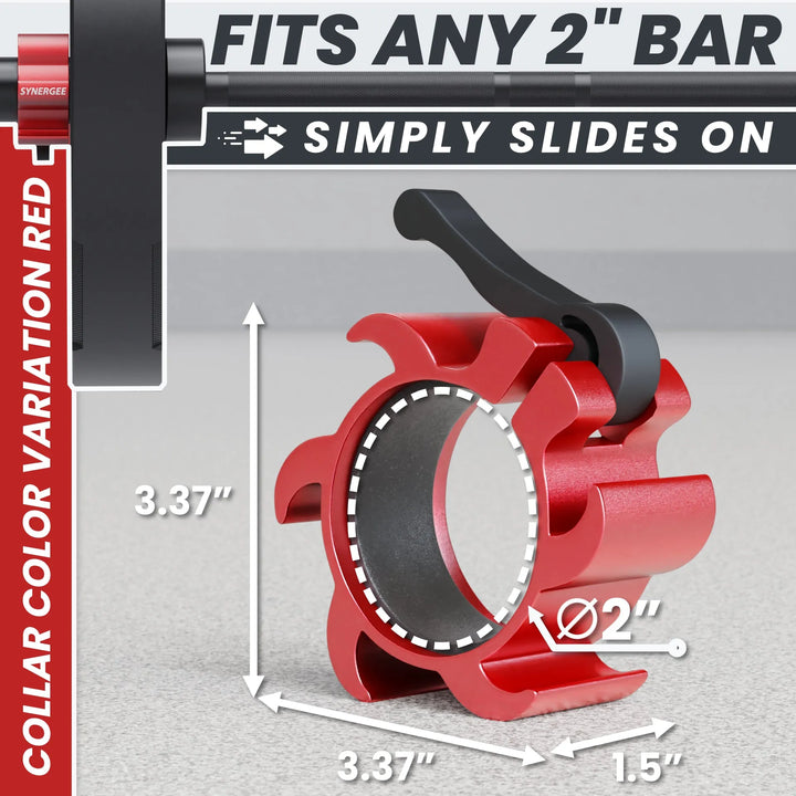 Synergee aluminum barbell collars for weightlifting, shown securing plates on a barbell in a gym setting.