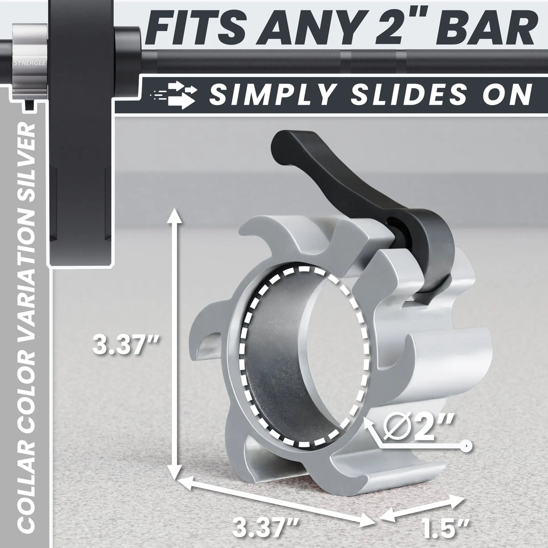 Synergee Aluminum Barbell Collars shown on a barbell, designed to secure weight plates during lifting exercises.