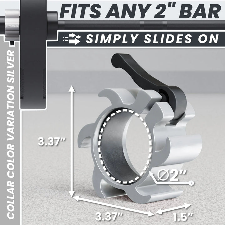 Synergee Aluminum Barbell Collars shown on a barbell, designed to secure weight plates during lifting exercises.