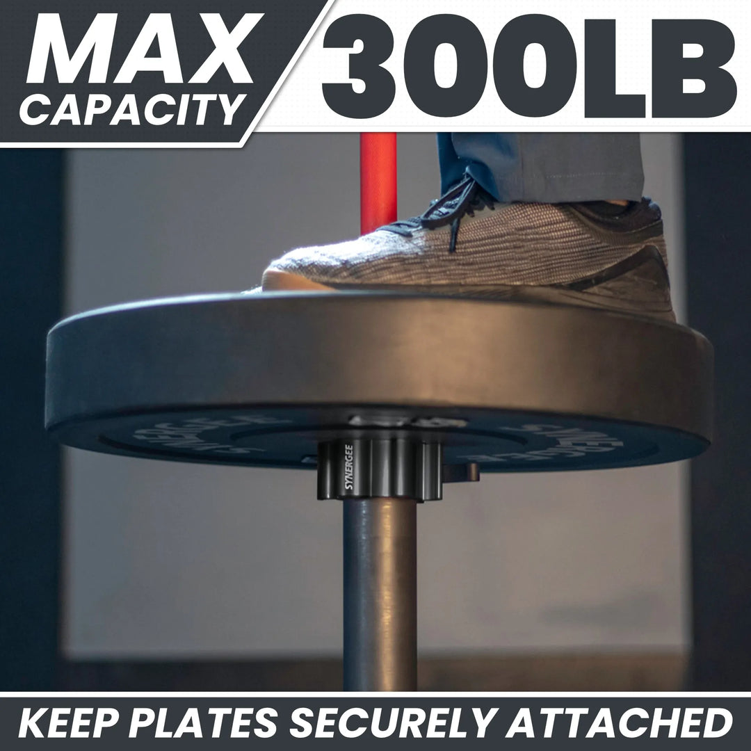 Synergee aluminum barbell collars securely hold weights in place during lifting exercises on a gym barbell.