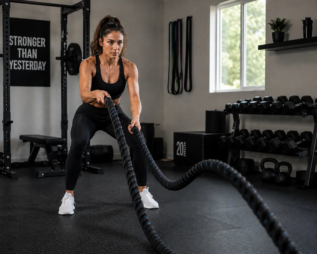 The Peak Pivot battle ropes coiled on a gym floor, ready for strength training and intense workout sessions.