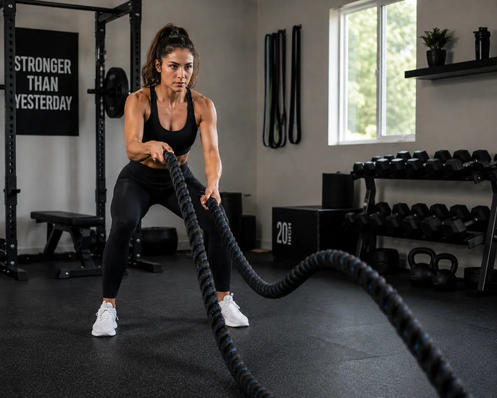 The Peak Pivot battle ropes coiled on a gym floor, ready for strength training and intense workout sessions.
