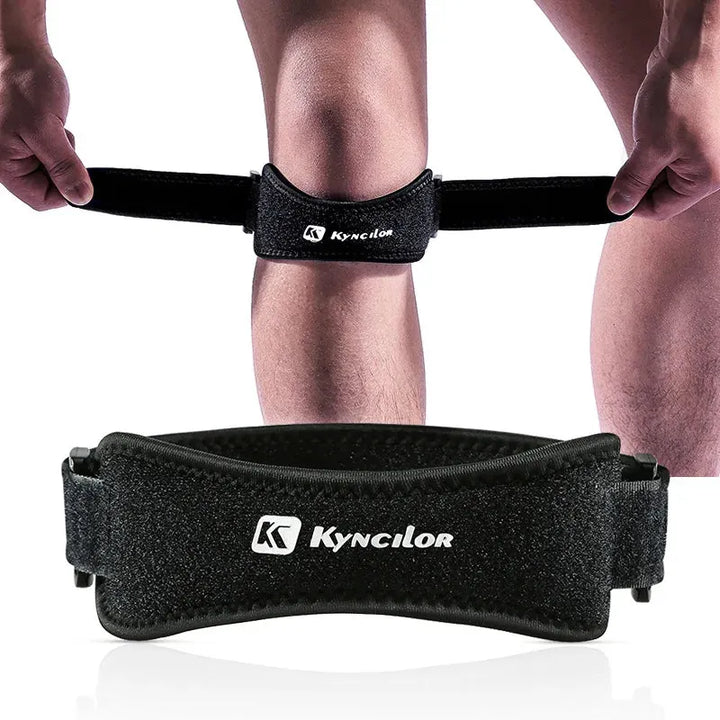 Adjustable knee band from The Peak Pivot designed for joint pain relief, shown wrapped around a knee for support and compression.