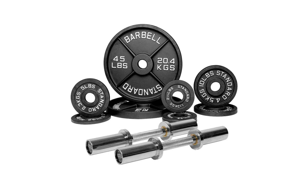 Loadable dumbbell bar weight set by Barbell Standard with adjustable plates and bar for strength training exercises.