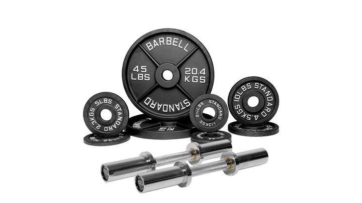 Loadable dumbbell bar weight set by Barbell Standard with adjustable plates and bar for strength training exercises.