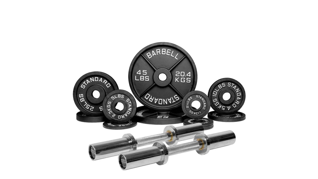 Barbell Standard loadable dumbbell bar weight set with adjustable plates and handles for strength training exercises.