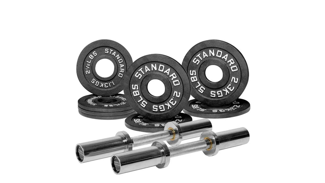 Barbell Standard loadable dumbbell bar weight set with adjustable plates and handles for strength training and fitness workouts.