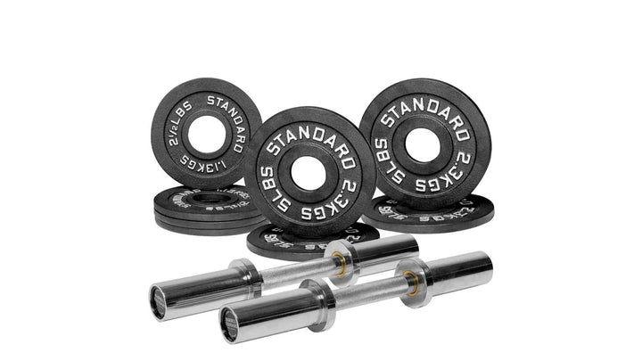 Barbell Standard loadable dumbbell bar weight set with adjustable plates and handles for strength training and fitness workouts.