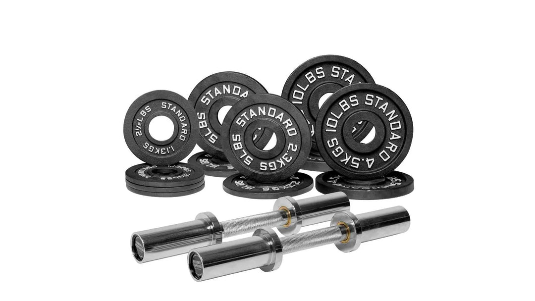 Barbell Standard loadable dumbbell bar weight set with adjustable weights and collars for strength training.