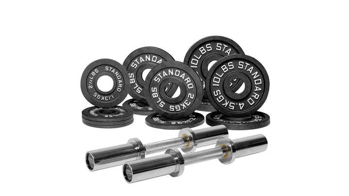 Barbell Standard loadable dumbbell bar weight set with adjustable weights and collars for strength training.