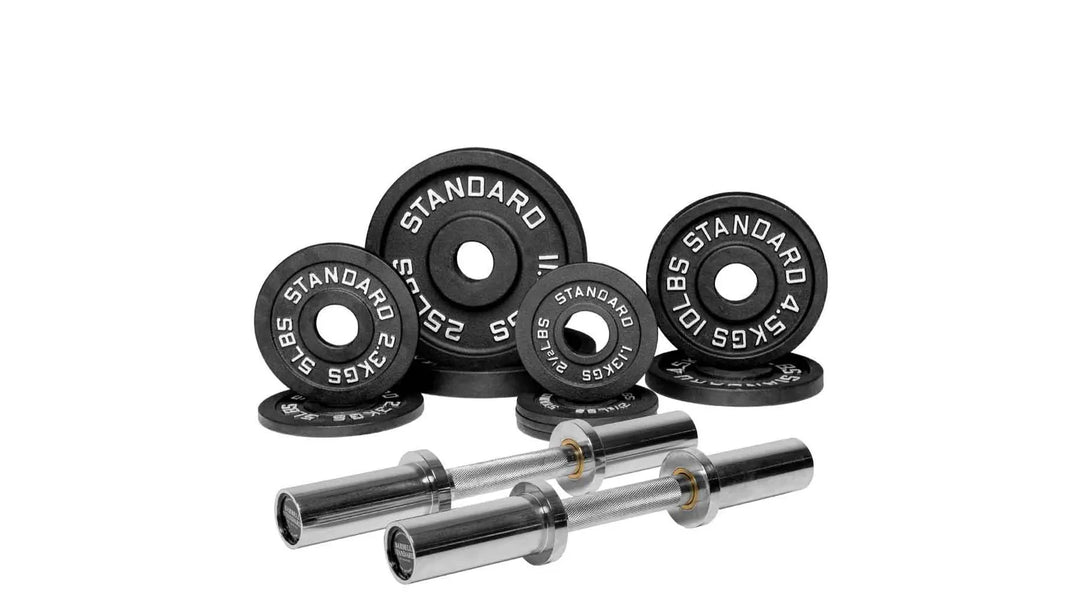 Loadable dumbbell bar weight set by Barbell Standard with adjustable plates and bar for strength training and fitness workouts.
