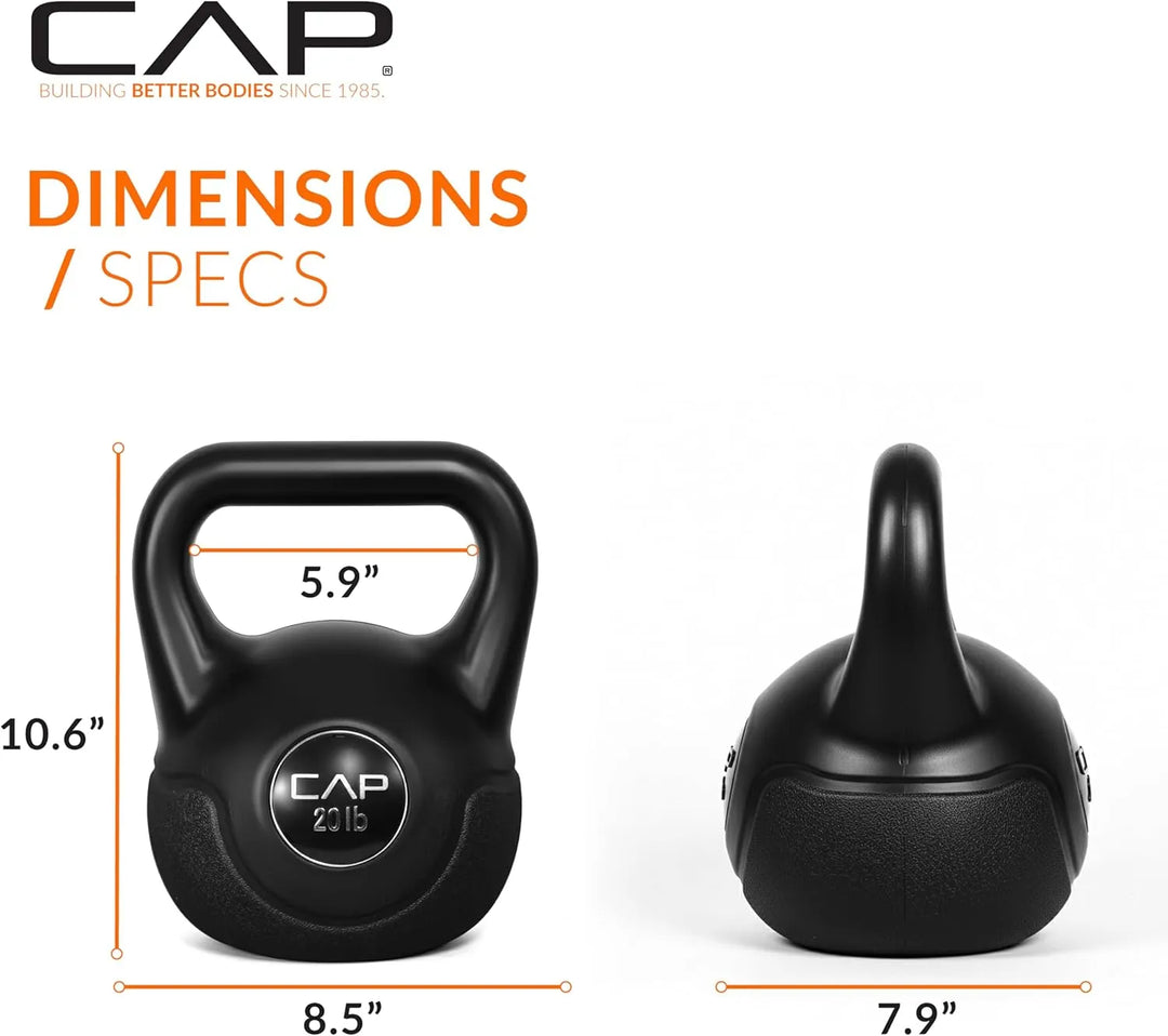 Set of black CAP kettlebells from The Peak Pivot with various weights for strength training exercises.