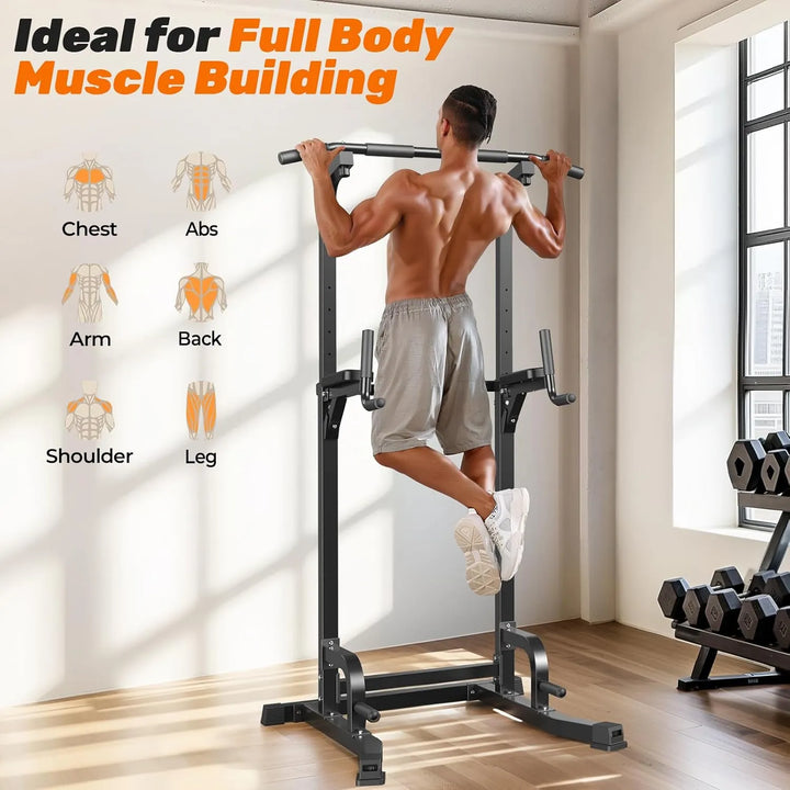 Power Tower pull-up station by The Peak Pivot with sturdy metal frame and multiple grip options for upper body workouts.
