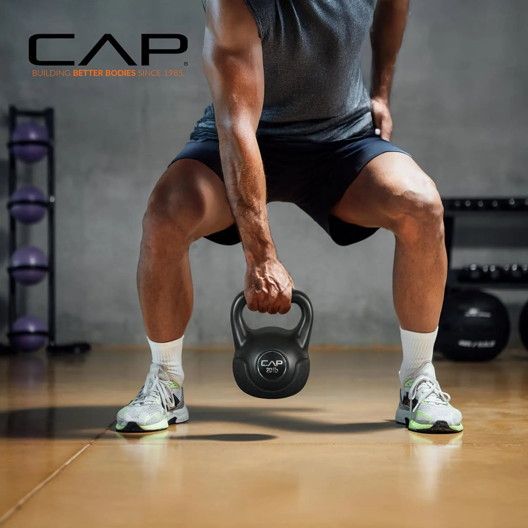 Set of black kettlebells from The Peak Pivot CAP Kettlebell Set for strength training and workouts.