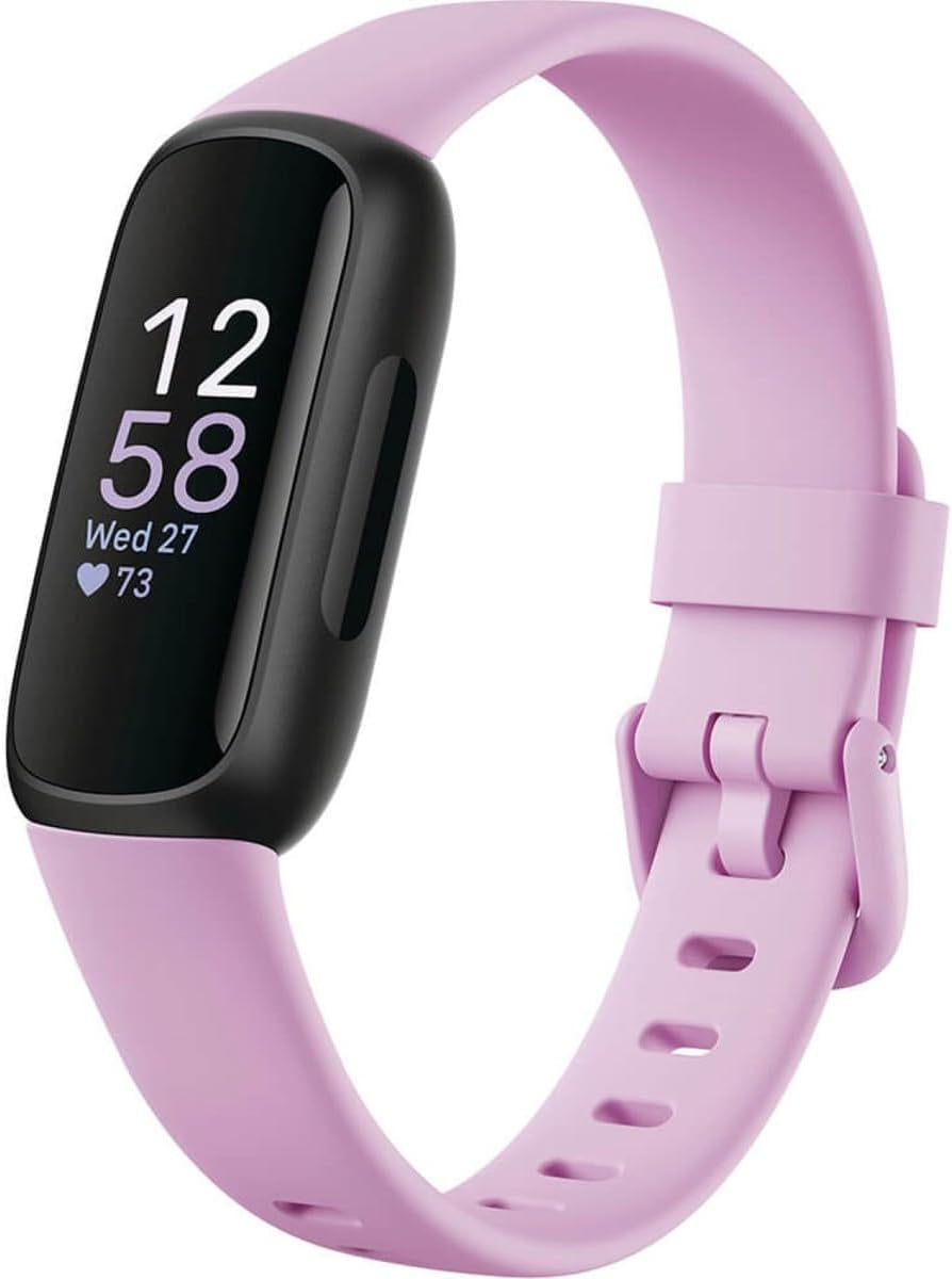 Fitbit Inspire 3 fitness tracker by The Peak Pivot showing a sleek black band and digital display with heart rate monitor and activity stats.