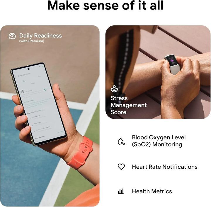 Fitbit Charge 6 fitness tracker and pedometer, showing the smartwatch display with activity stats and step count.