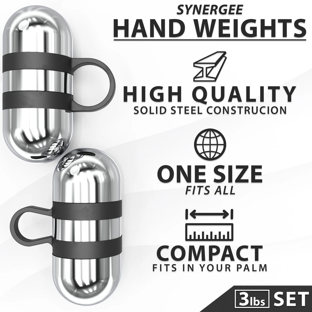Pair of Synergee hand weights for strength training, featuring adjustable dumbbell design with textured grips for secure handling.