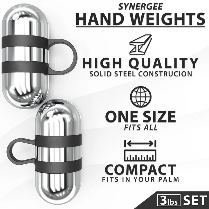 Pair of Synergee hand weights for strength training, featuring adjustable dumbbell design with textured grips for secure handling.