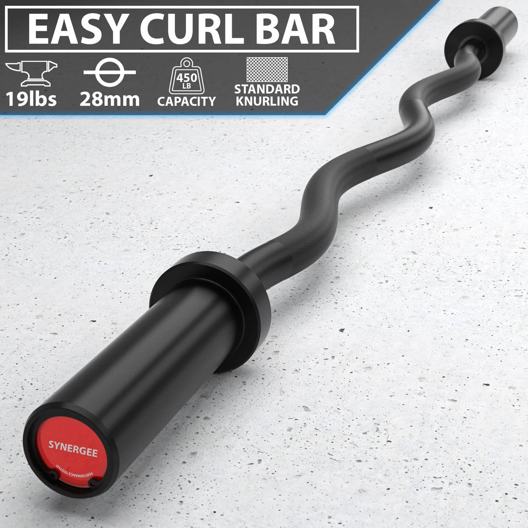 Synergee EZ curl barbell with textured grip and chrome finish, designed for efficient bicep and tricep exercises.