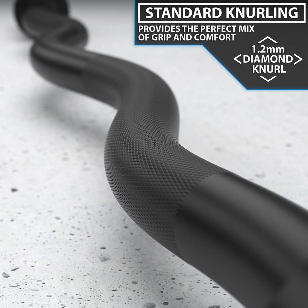 Synergee EZ curl barbell with textured grip and chrome finish, ideal for bicep curls and arm workouts.
