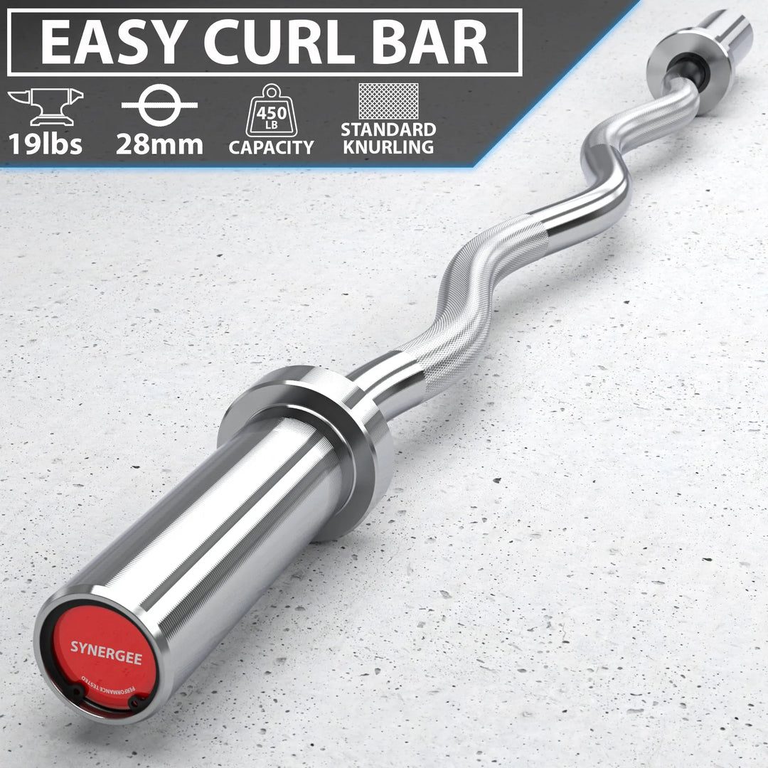 Synergee EZ Curl Barbell with ergonomic handles for bicep curls and arm workouts, durable steel construction.