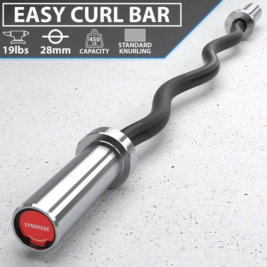 Synergee EZ curl barbell with textured grip and chrome finish, designed for bicep curls and arm exercises.