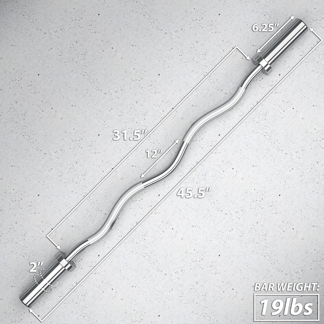 Synergee EZ curl barbell with ergonomic grips and chrome finish, ideal for bicep curls and arm workouts.