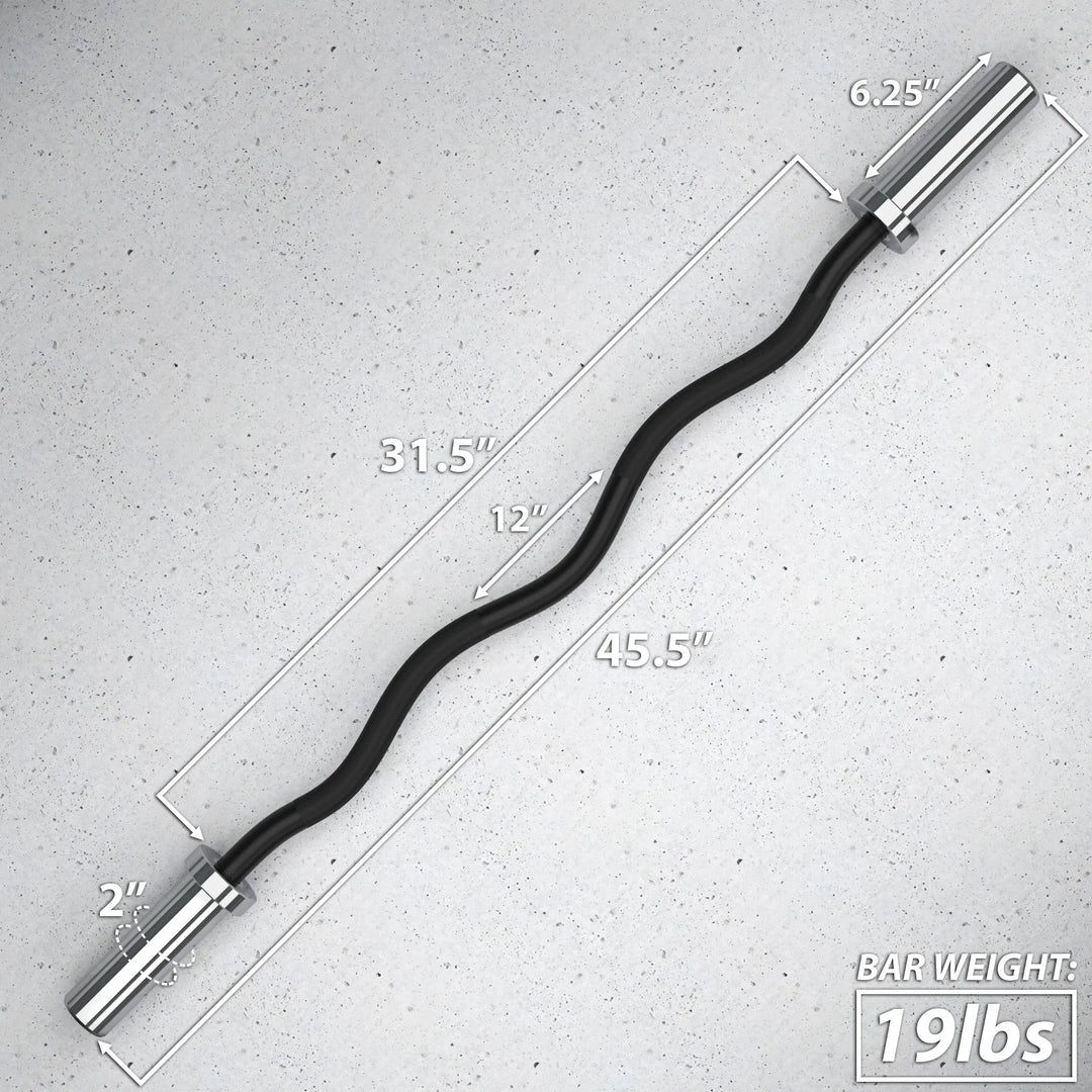 Synergee EZ Curl Barbell with textured grips and chrome finish for weightlifting and arm exercises.