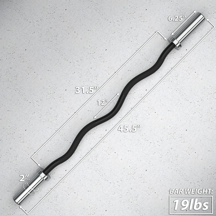 Synergee EZ Curl Barbell with textured grips and chrome finish for weightlifting and arm exercises.