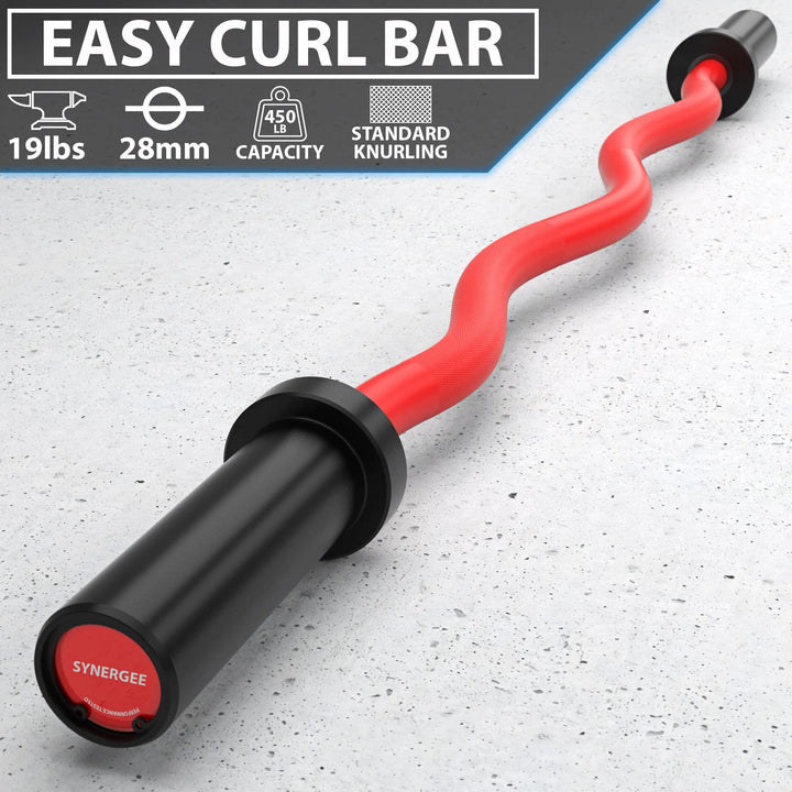 Synergee EZ curl barbell with textured grips and sleek design for bicep curls and arm workouts.