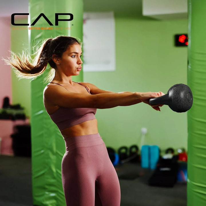 Set of black CAP kettlebells from The Peak Pivot, featuring different weights for strength training and fitness workouts.