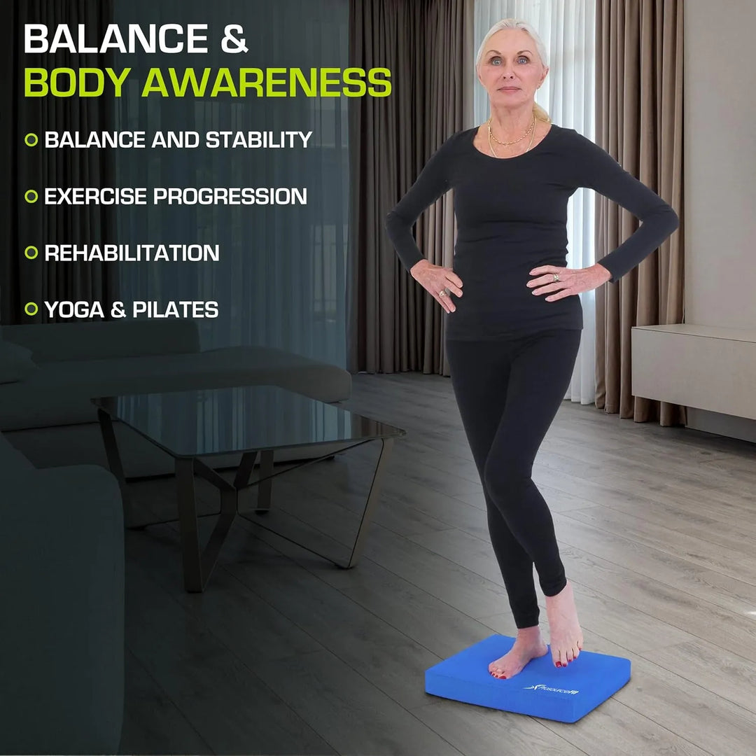 Non-slip foam balance pad showing a blue cushioned mat suitable for stability exercises and physical therapy.
