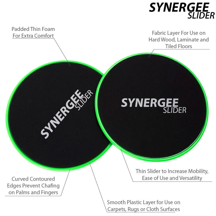 Synergee Core Sliders abdominal trainers for core workouts, featuring smooth surfaces and ergonomic design for effective exercise.