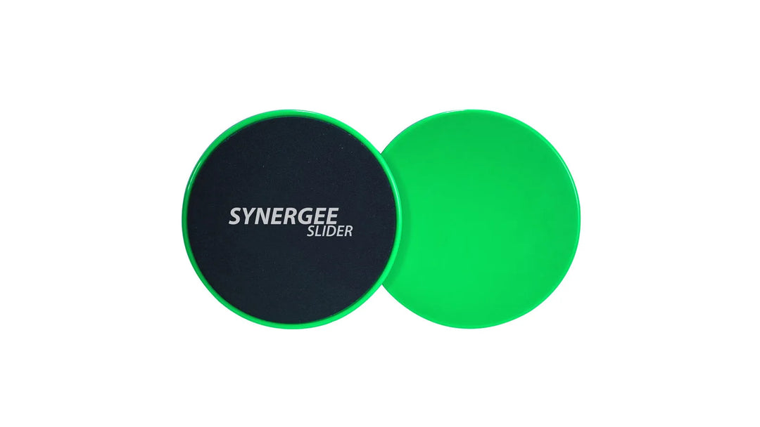 Synergee core sliders for abdominal training, showing smooth plastic discs with grip pads on a workout surface.
