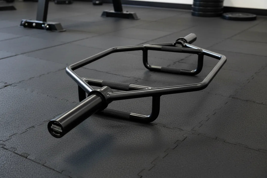 Barbell Standard Hex Bar 2.0 with black steel construction and knurled grips for weightlifting and strength training.