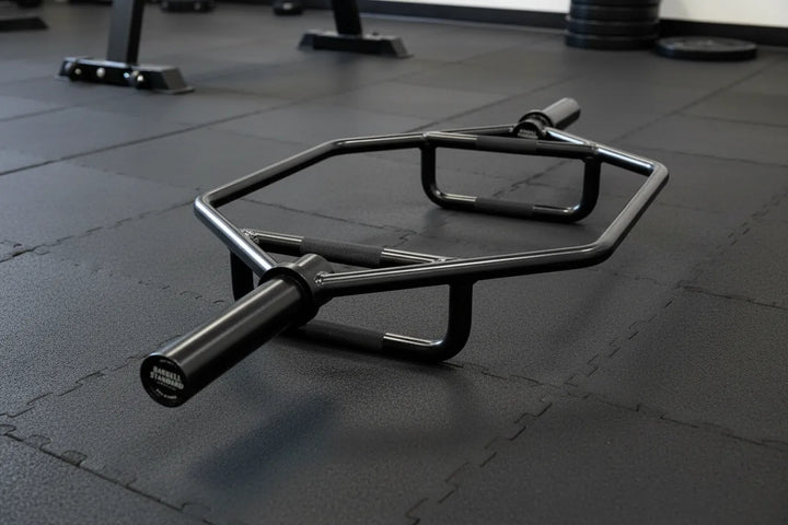 Barbell Standard Hex Bar 2.0 with black steel construction and knurled grips for weightlifting and strength training.