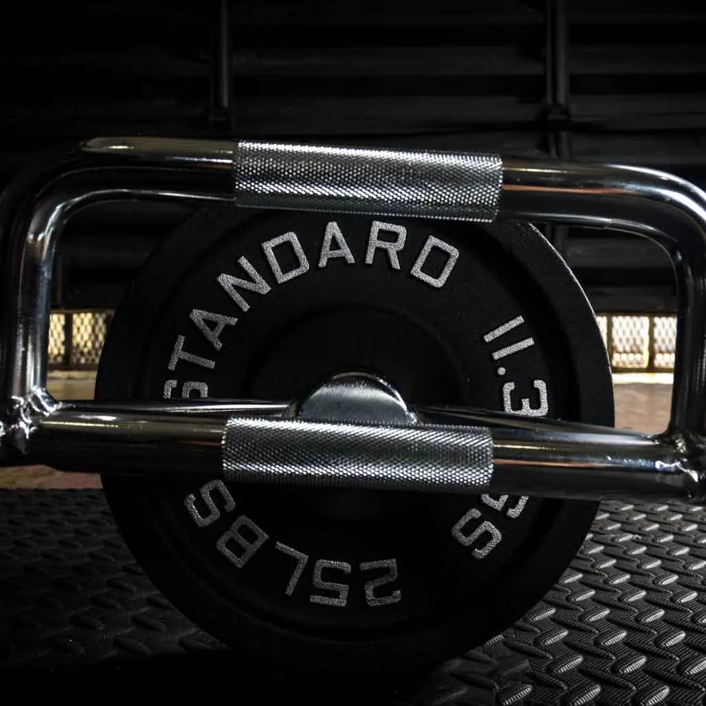 Olympic hex barbell from Barbell Standard with black knurled grips for weightlifting and strength training exercises.