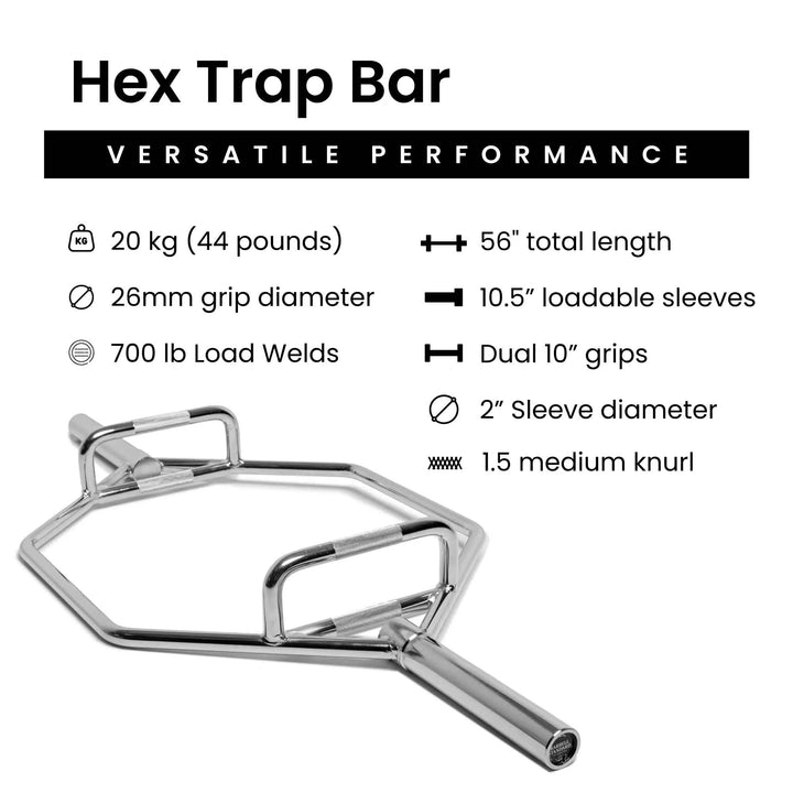 Olympic hex barbell with black steel construction and padded handles for weightlifting and strength training exercises.