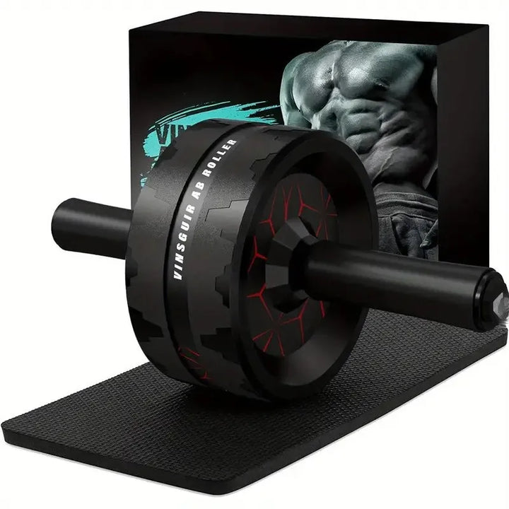 TM Ab Wheel Roller for core strength with knee pad, gym equipment for fitness and wellbeing, shown on a clean background.