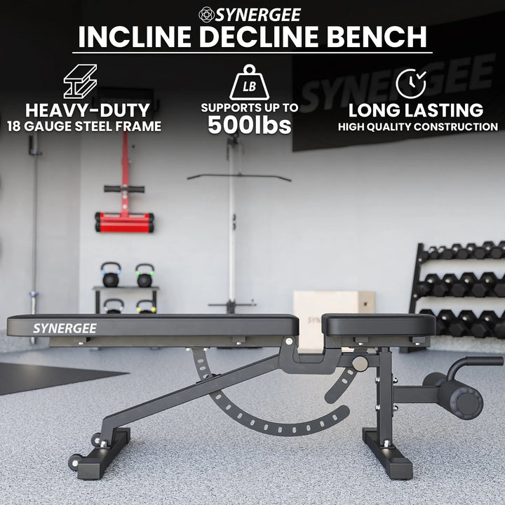 Synergee adjustable weight bench with padded seat and backrest, ideal for strength training and versatile workout routines.