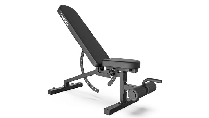 Synergee adjustable weight bench with padded seat and backrest for versatile strength training exercises.