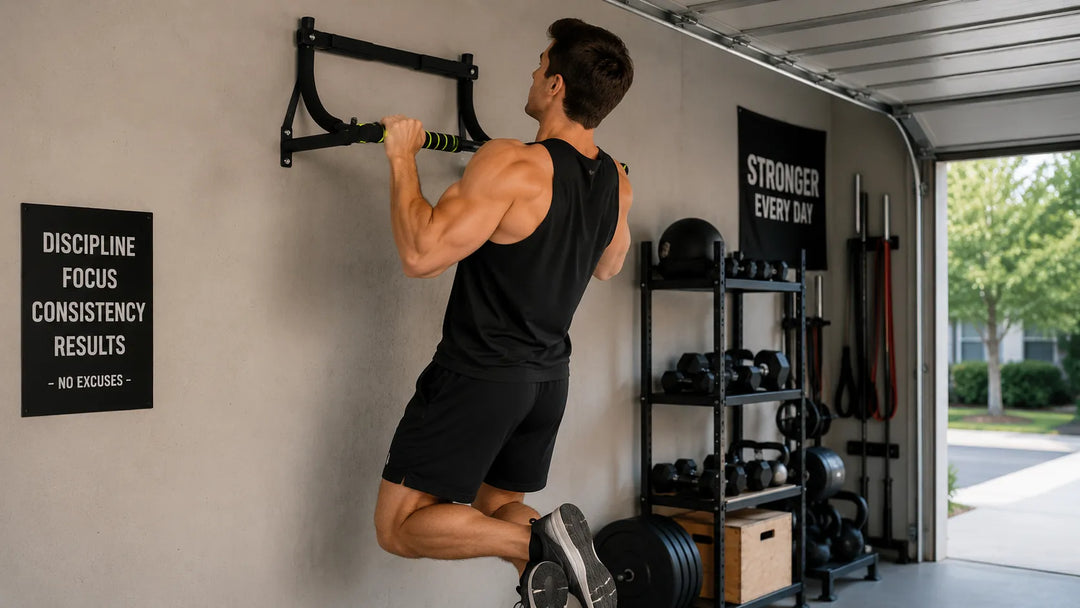 Wall mounted pull-up bar showing the sturdy metal bar installed on a home gym wall for upper body workouts.