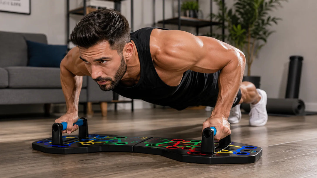 Man performing push-up on the 28-in-1 Upper Body Training System by The Peak Pivot, showcasing versatile workout equipment.