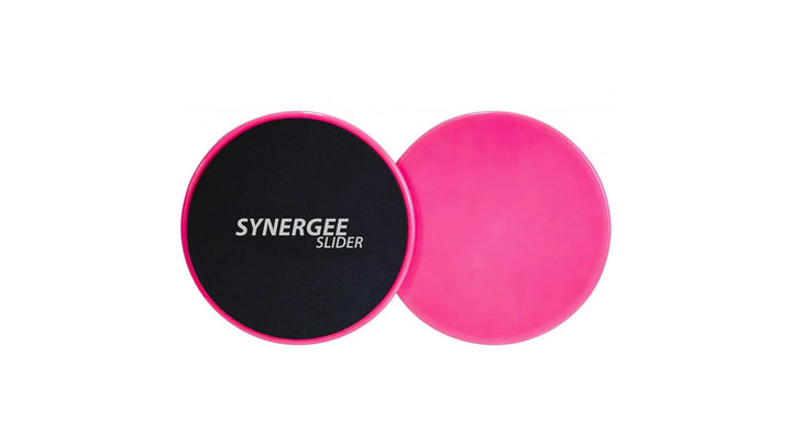 Synergee Core Sliders for abdominal training, showing black and blue plastic discs used for core exercises on a smooth surface.
