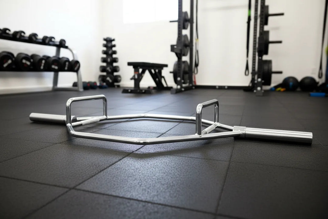 Olympic hex barbell by Barbell Standard with black steel construction and ergonomic handles for weightlifting exercises.